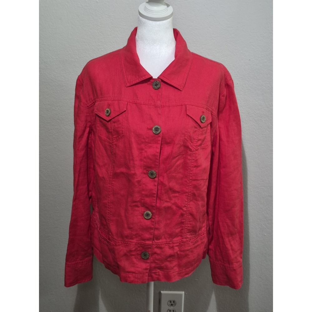 Chico's Blazer Jacket Red button down linen Long sleeve Sz 2 Preppy Cozy Chic